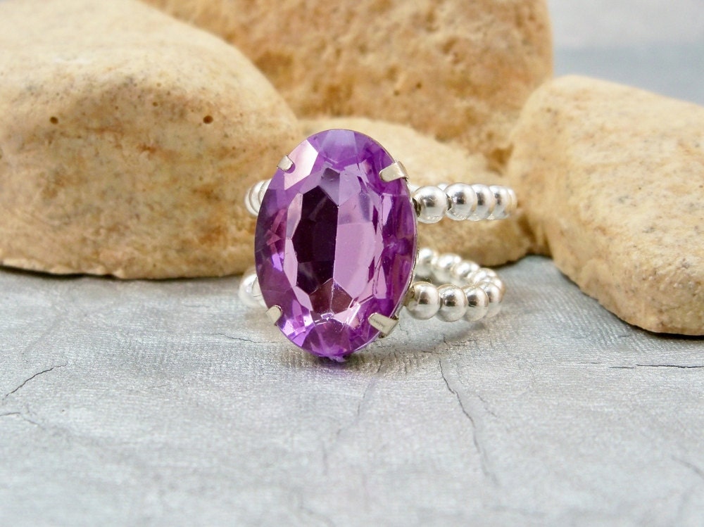 Lavender Rhinestone Stretch Ring, Acrylic Cocktail Ring, Stretch Band Ring, Handmade Ring, Womens Ring