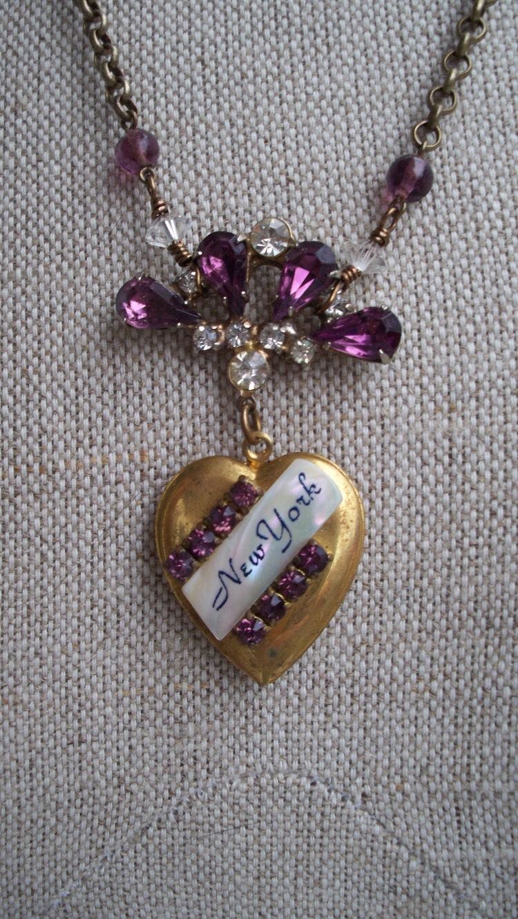 Violets in Central Park - Vintage Assemblage Necklace with New York Souvenir Locket