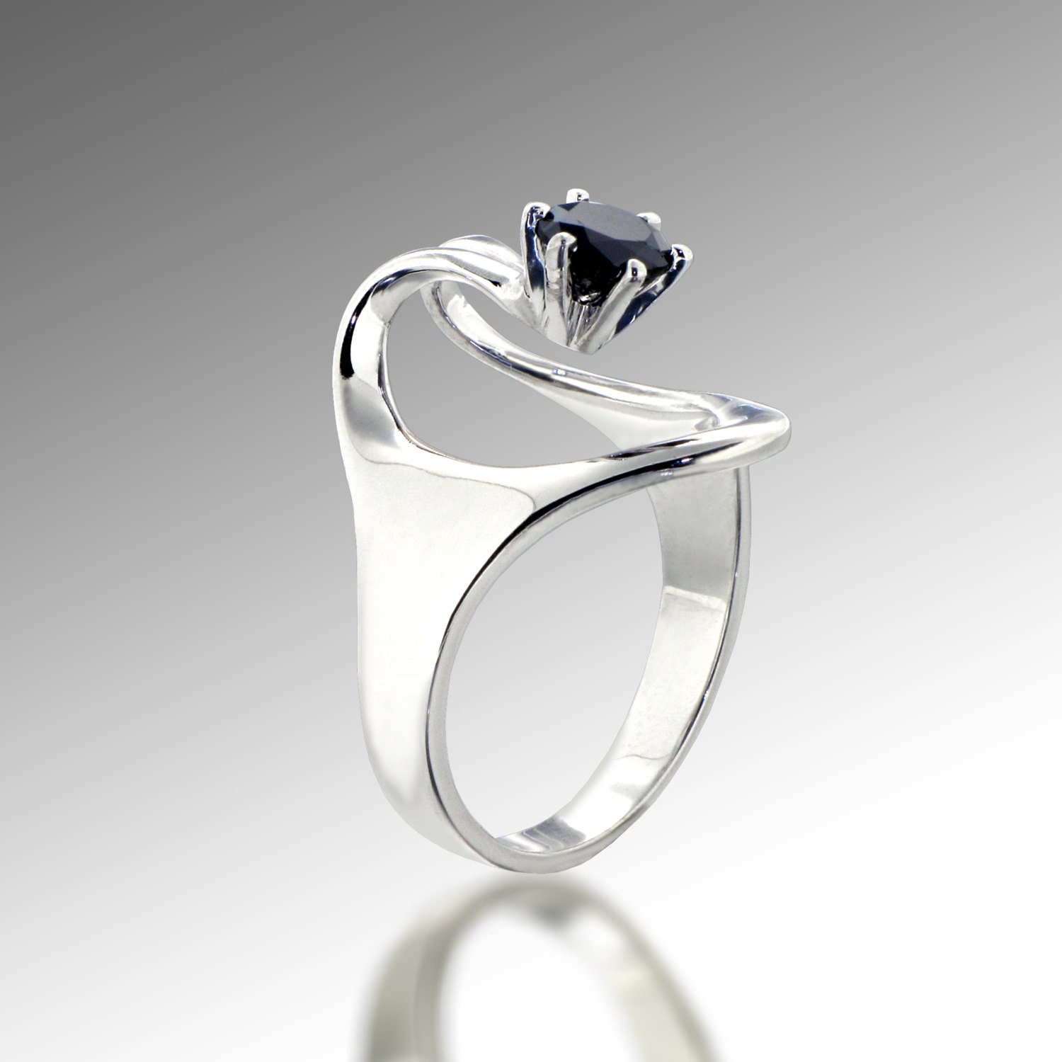 ISIS Unique Engagement Ring, black diamond ring, 14K white gold ring, solitaire diamond ring, Arosha Italian fine jewelry