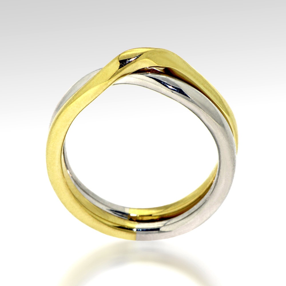 LOVE KNOT White and Yellow gold wedding band for men, unique wedding ring, alternative two tone womens wedding ring