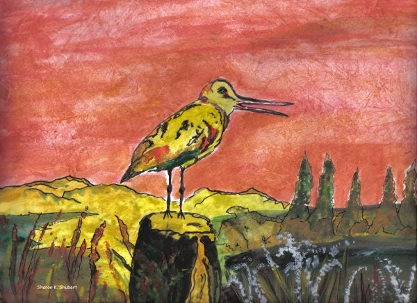 Shorebird Watercolor Painting Red Sky Digital Print Folk Art Yellow 8 x 10 Giclee Print