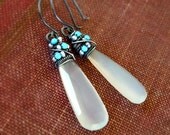 White Chalcedony Turquoise Earrings Drop Gemstone Wire Wrapped Oxidized Silver Tribal Kande Kristina Henning - Peyton