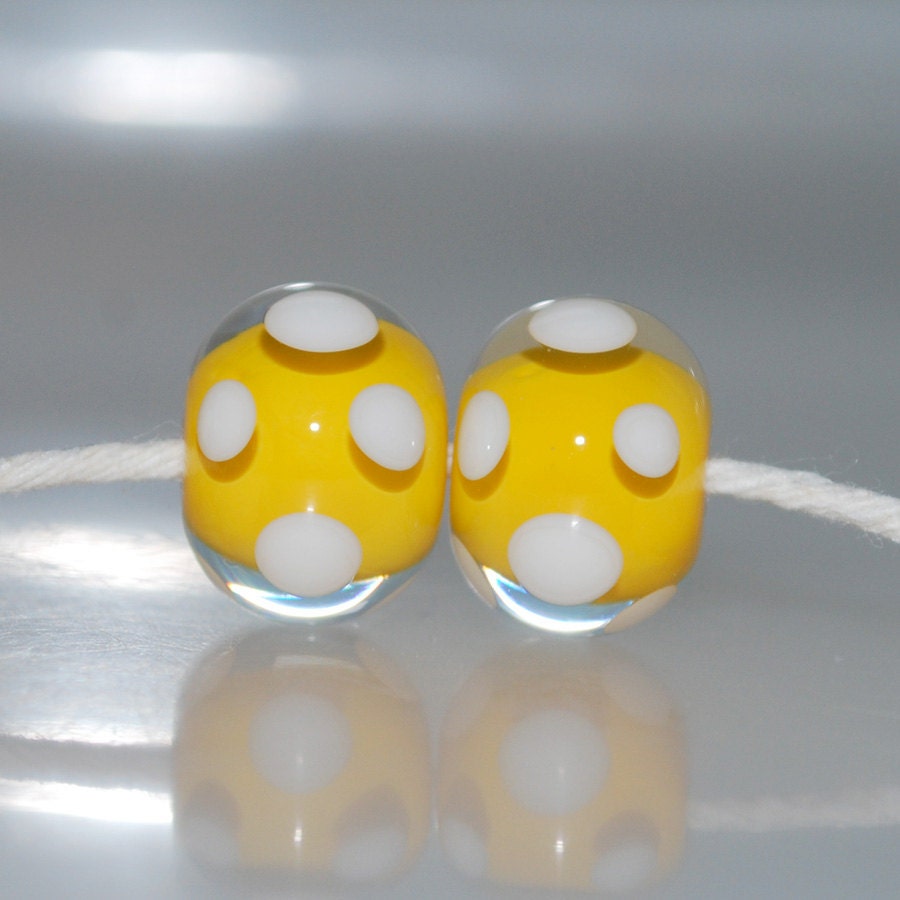 Sunshine Yellow and White Polkadot Lampwork Glass Bead Pair