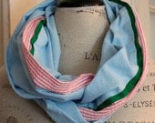 preppy sky blue linen with seersucker and green grosgrain infinity scarf