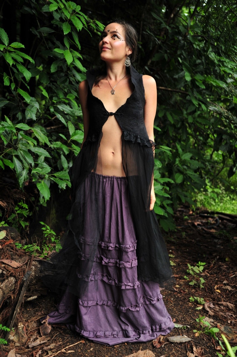 RESERVED - Nuno Felted Pagan Goddess Witches Triple Moon Charcoal Black Lace Silk Bridal Tulle Vest Gown OOAK