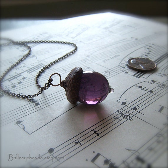 Glass Acorn Necklace by Bullseyebeads - June Birthstone Light Amethyst Purple