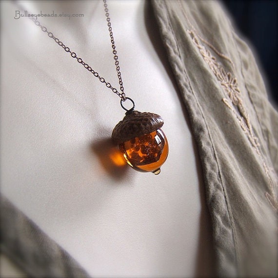 Glass Acorn Necklace - Goldstone Topaz by Bullseyebeads