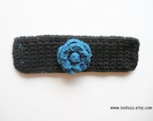 Black Cotton Crochet Cuff Bracelet with Blue Rose, ready to ship.