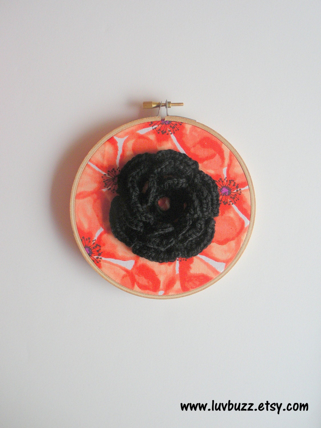 Small Crochet Hoop Art with Black Rose Applique on red floral print fabric, ready to ship.