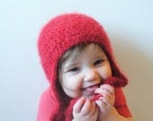 Fuzzy Crochet Earflap Beanie Hat in deep red, infants 12-18 months, ready to ship.