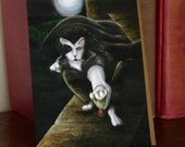 Vampire Cat Greeting Card, Black and White Cat Dracula, Goth Fantasy Cat Art