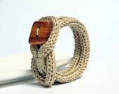 Knot bracelet, beige ecru cotton bracelet. Wooden bracelet, knitted jewelry. Knit bracelet.