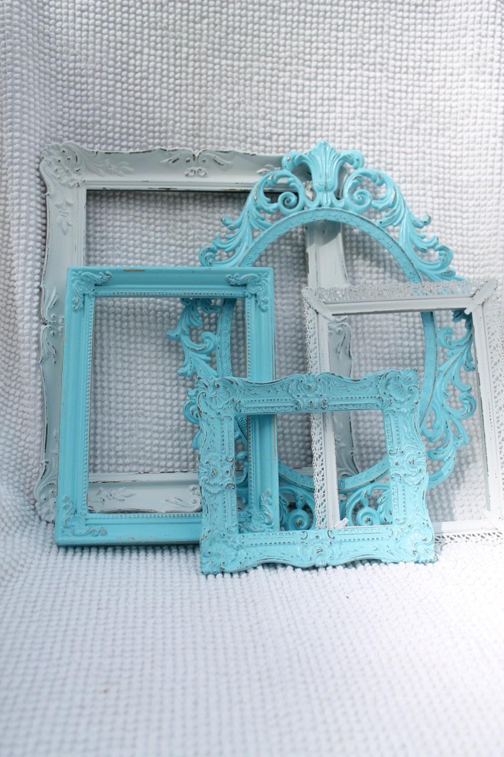 Shabby Chic White and Aqua Frames -  Ornate Frame Set