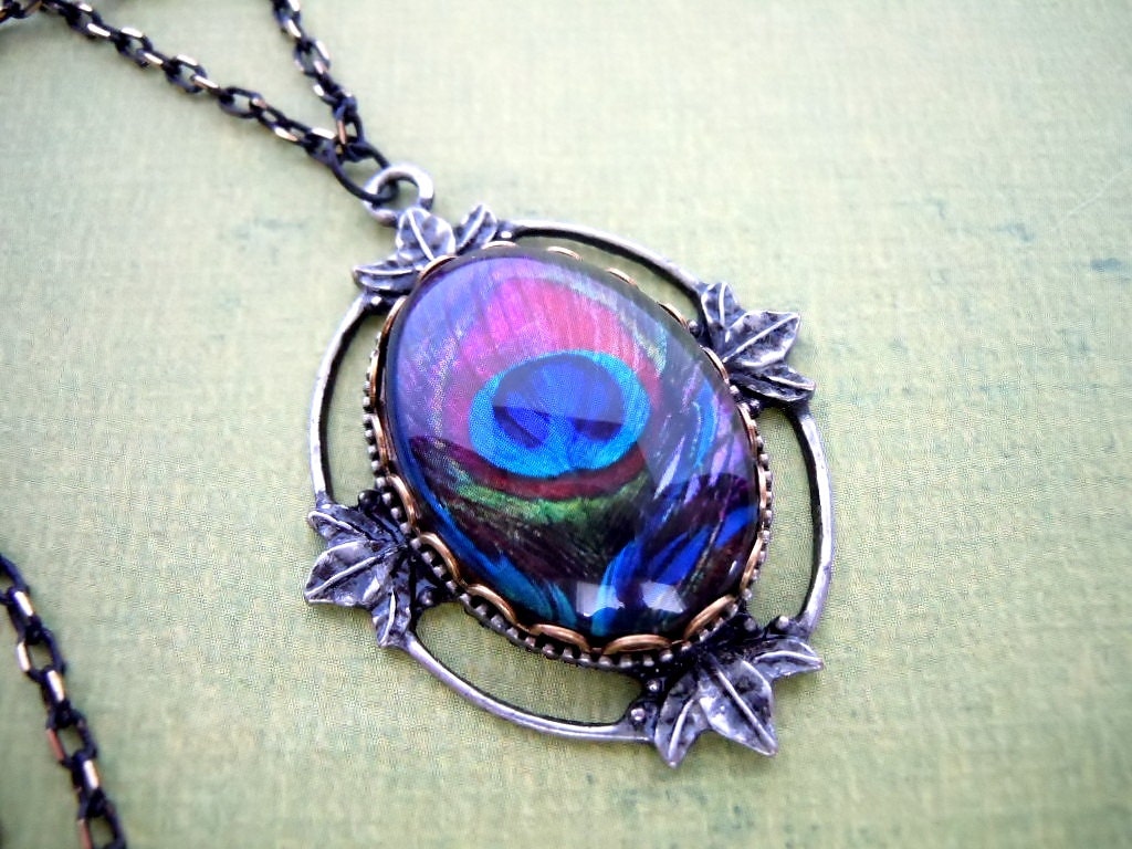 Gorgeous Peacock Pendant Necklace by Debbie Renee, Art Glass Cabochon With Fancy Settings and Chain