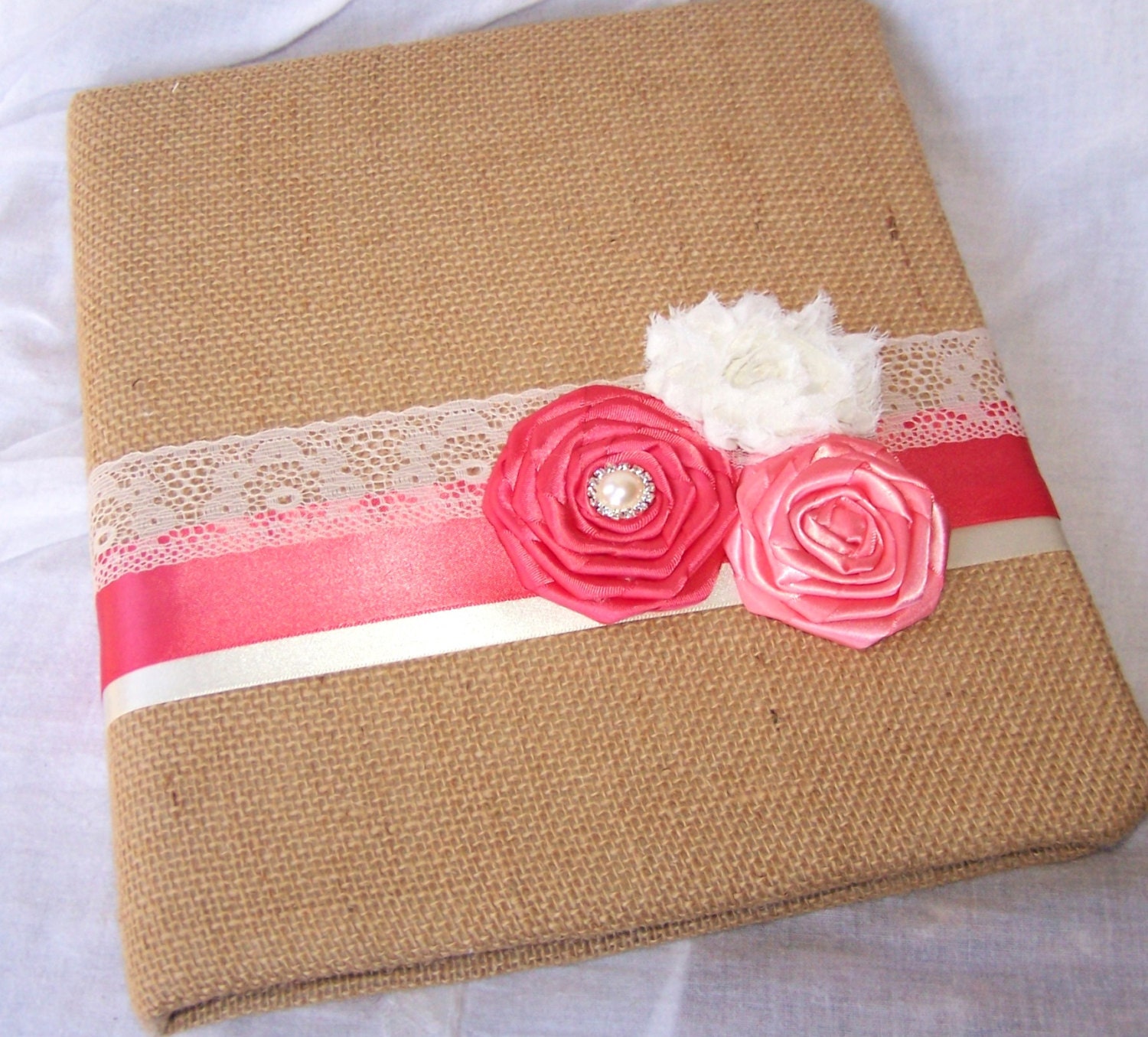WEDDING GUEST BOOK with Photo Spot - Burlap, Coral, Light Coral and Ivory, Lace, Custom colors available