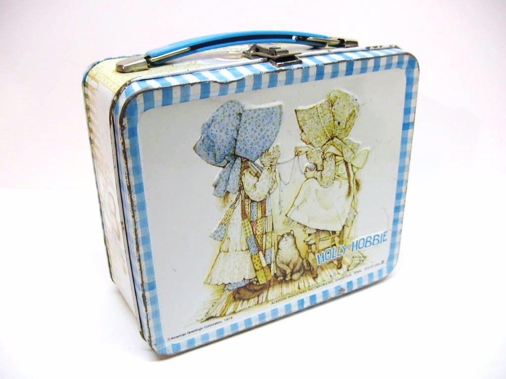 Vintage Holly Hobbie Lunch Box - Blue Gingham - Storage - Organize - Display - Farmhouse - 1970s - Shabby