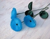 Flowers with stems, home decor, fabric flowers, handmade organza flowers- set of 3 pcs- TURQUOISE BLUE POPPIES (as seen in Brides magazine)
