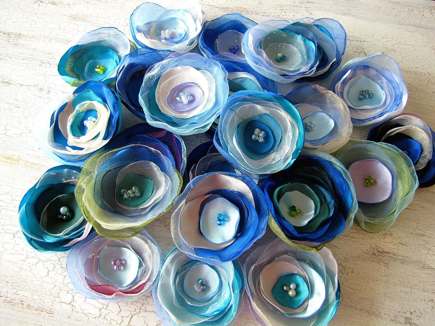 DIY bridal flower bouquet supplies , Fabric flower appliques, floral embellishments (25 pcs)- Destash Bag in Blue Shades (mix set 257)
