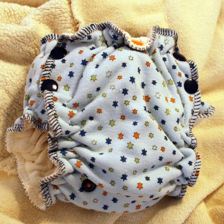 size 1 - newborn - small - fitted organic cloth diaper - blue star print
