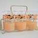 Vintage Glass Set & Brass Carrier Caddy Mid Century Coral