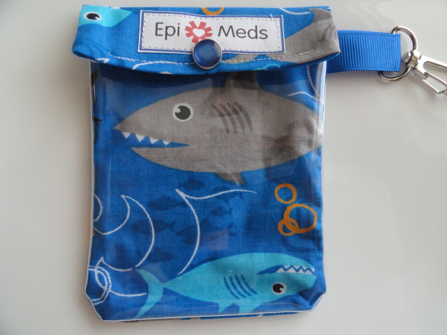 Epi Allergy Meds Pouch for Auvi Q Style Easy to View Clear Front W/ Clip Holds 1 - 2 Injectors   4x5 Shark Attack Fabric