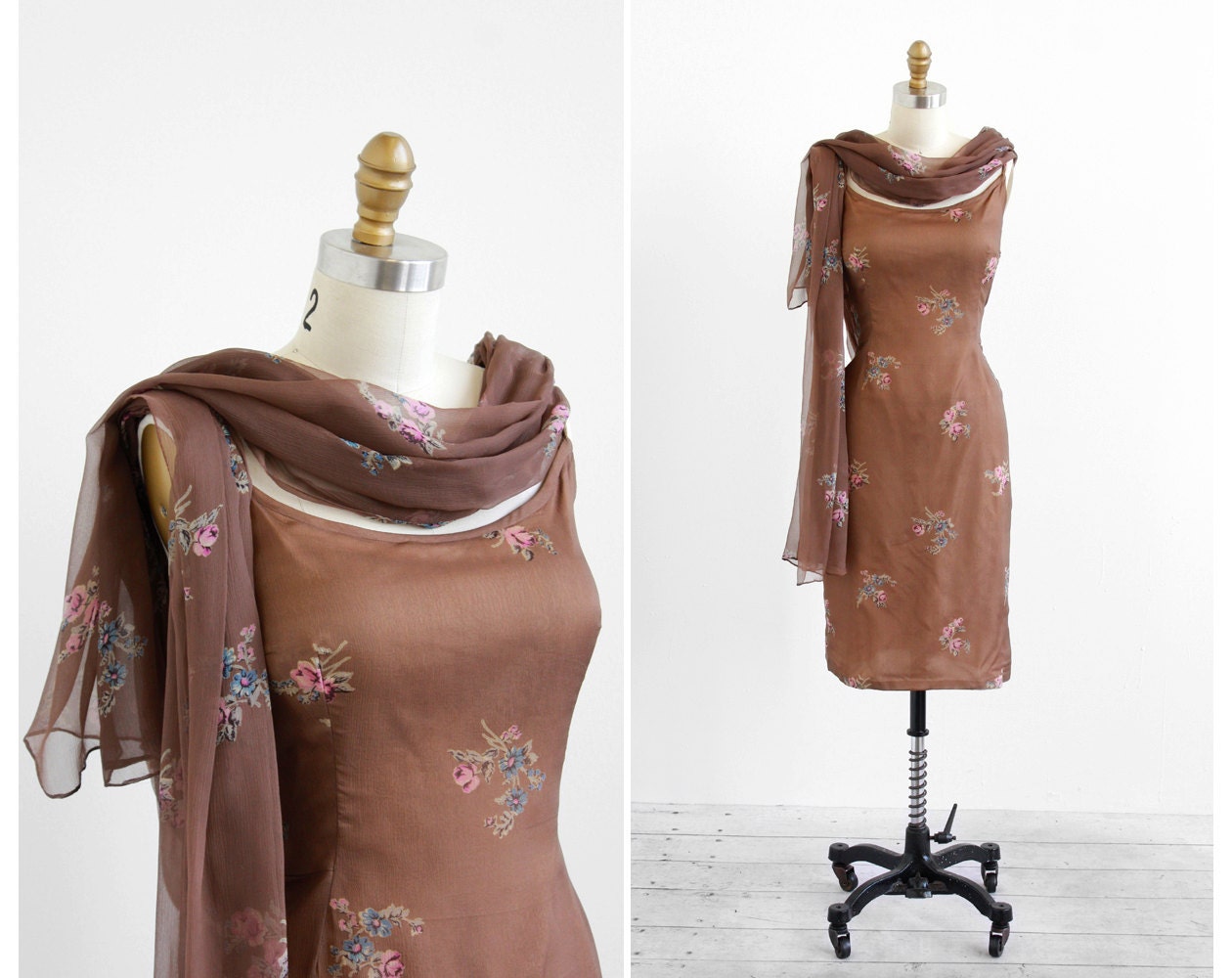 vintage 1960s dress / 60s dress / Brown and Pink Floral Silk Chiffon Cocktail Dress