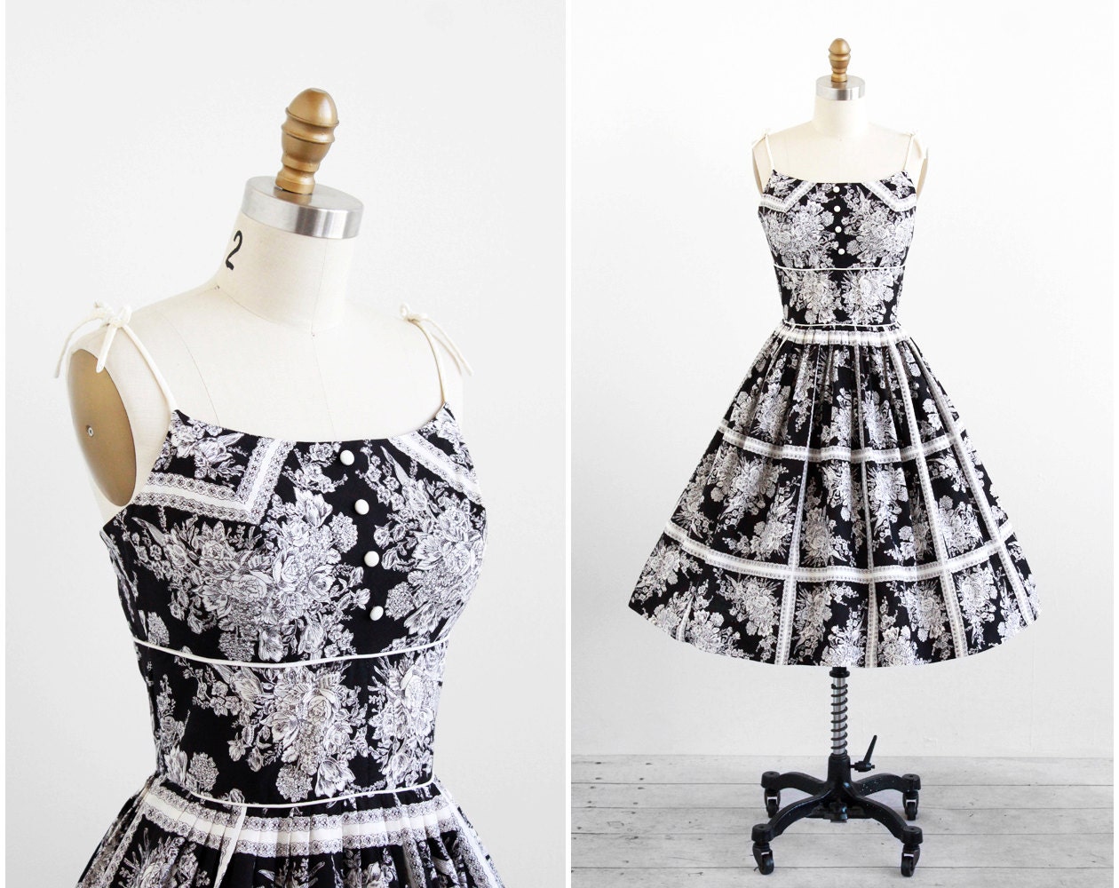 vintage 1950s dress / 50s dress / Black and White Floral Cotton Sundress