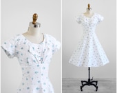 vintage 1950s dress / 50s dress / White and Blue Floral Party Dress