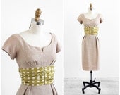 vintage 1950s dress / 1960s dress / Soft Burlap Wiggle Dress with Polkadot Silk Waistband