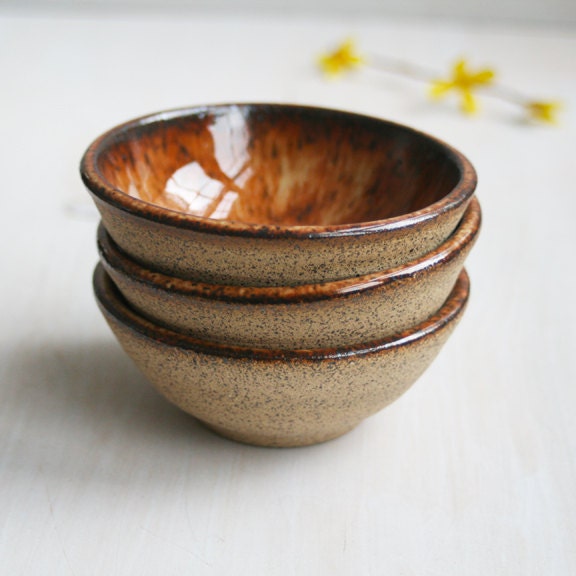 Prep Bowls - Set of Three Small Rustic Bowls - Brown and Black Raw Stone Ceramic Bowls - Handmade Stoneware Dipping Bowls - Specked Pottery