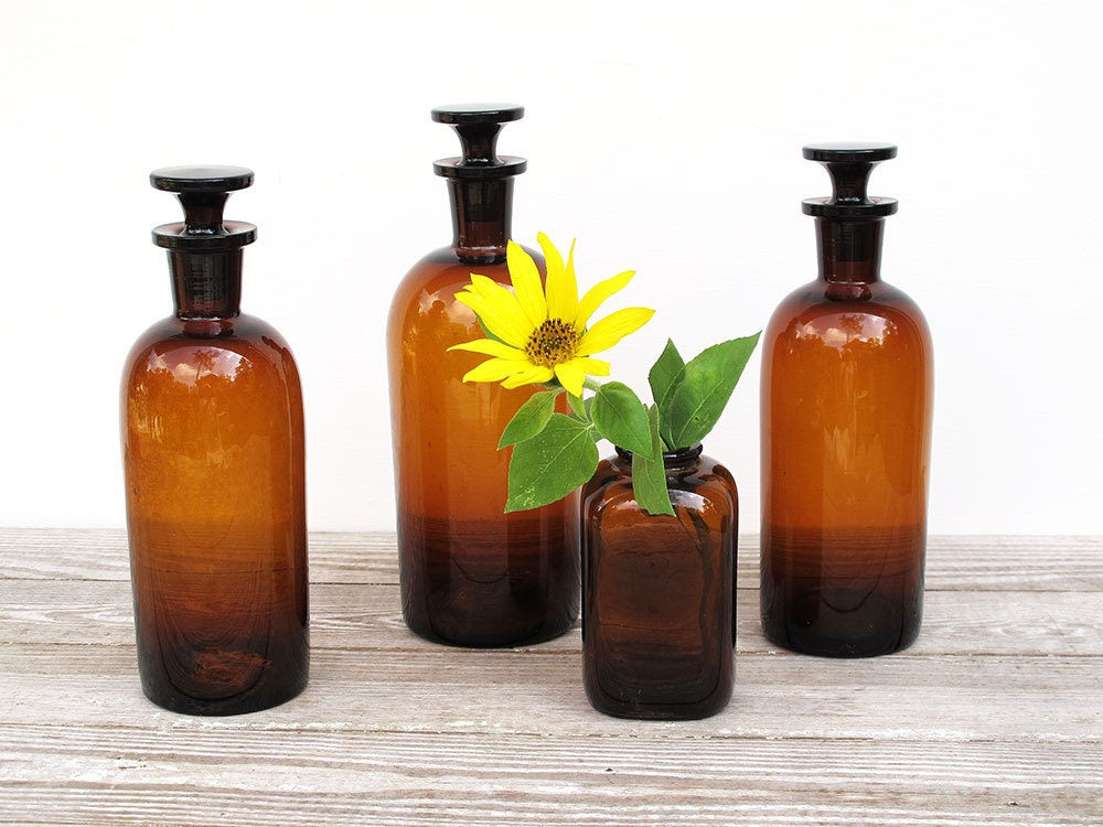 Vintage Brown Glass Bottle Collection - Set of 4