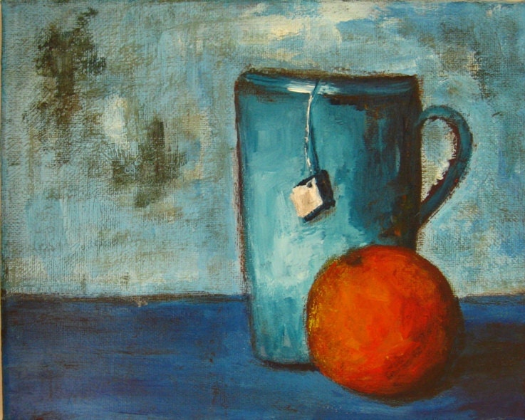 Art, painting, Still life, acrylic, tea cup, gift, kitchen decor, art, blue, orange, Decor, canvas, mug, fruit, handmade painting