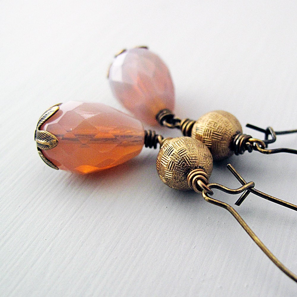 Pink Teardrop Earrings, Vintage Glass, Antiqued Brass