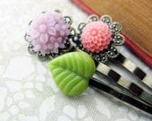 Flower Bobby Pin Set,  Pink, Green and Lilac, Antiqued Brass