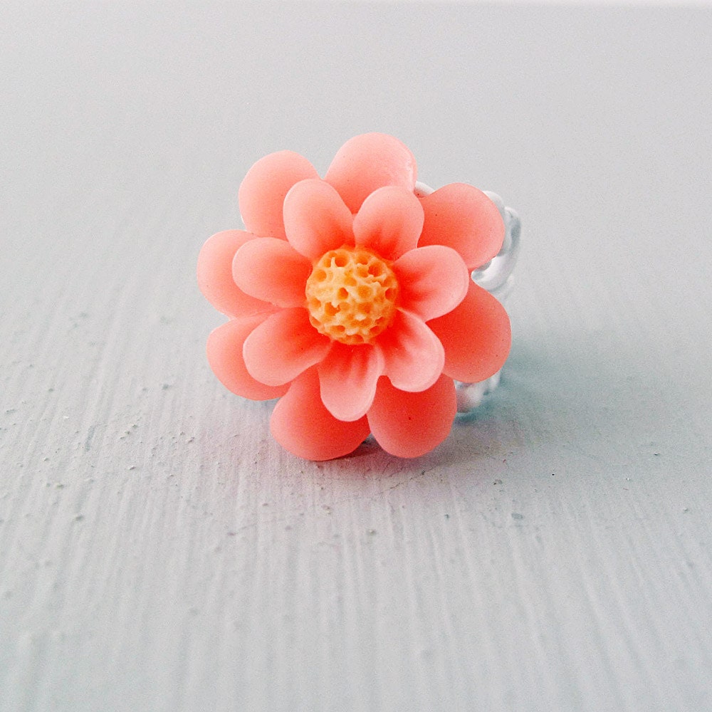 Daisy Ring, Coral and Yellow, Adjustable Filigree Band, White, Size Small