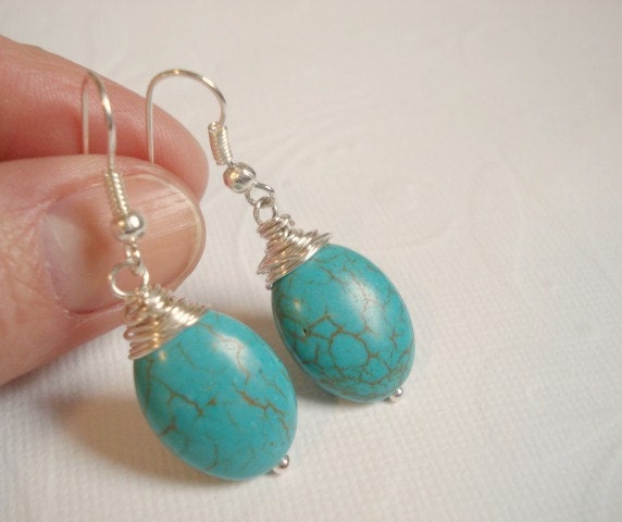 Turquoise Earrings Silver Wire Wrapped Earrings Beach Casual Wear Wedding