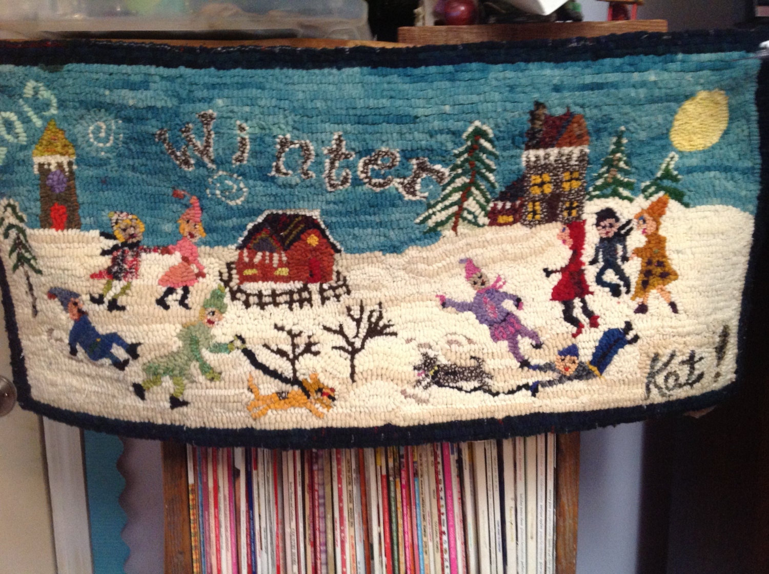 Primitive hooked rug winter scene rug hooking