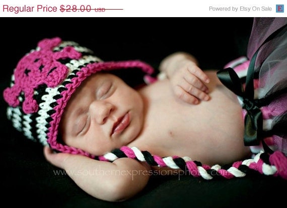 On Sale Skull and Crossbones Hat, Black and White Crochet Ear Flap Hat