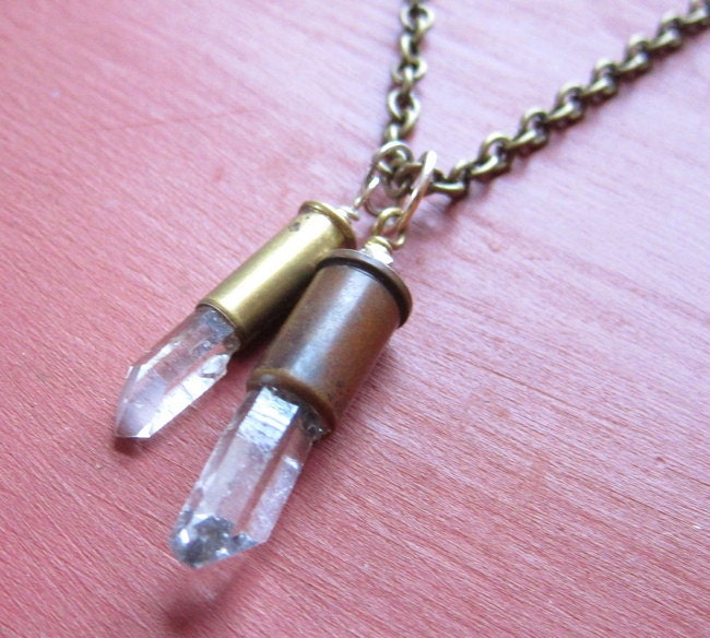 Bullet Casing Necklace with Quartz Crystals on Brass Chain