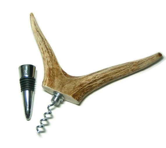 Elk Antler Tine Wine Bottle Stopper, Corkscrew Inside