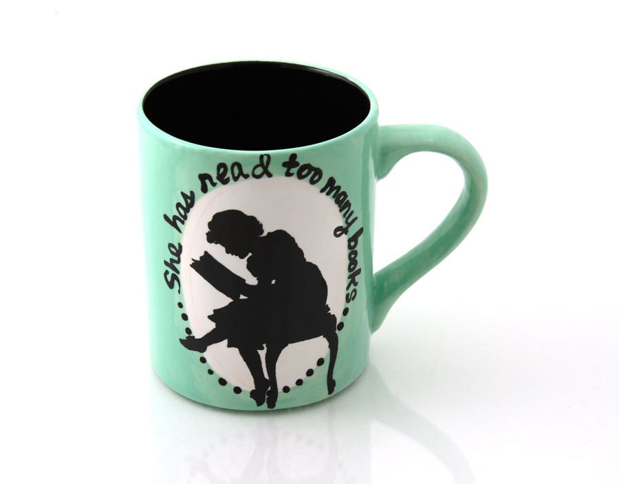 Graduation or teacher gift she has read too many books mug in seafoam green with vintage reader