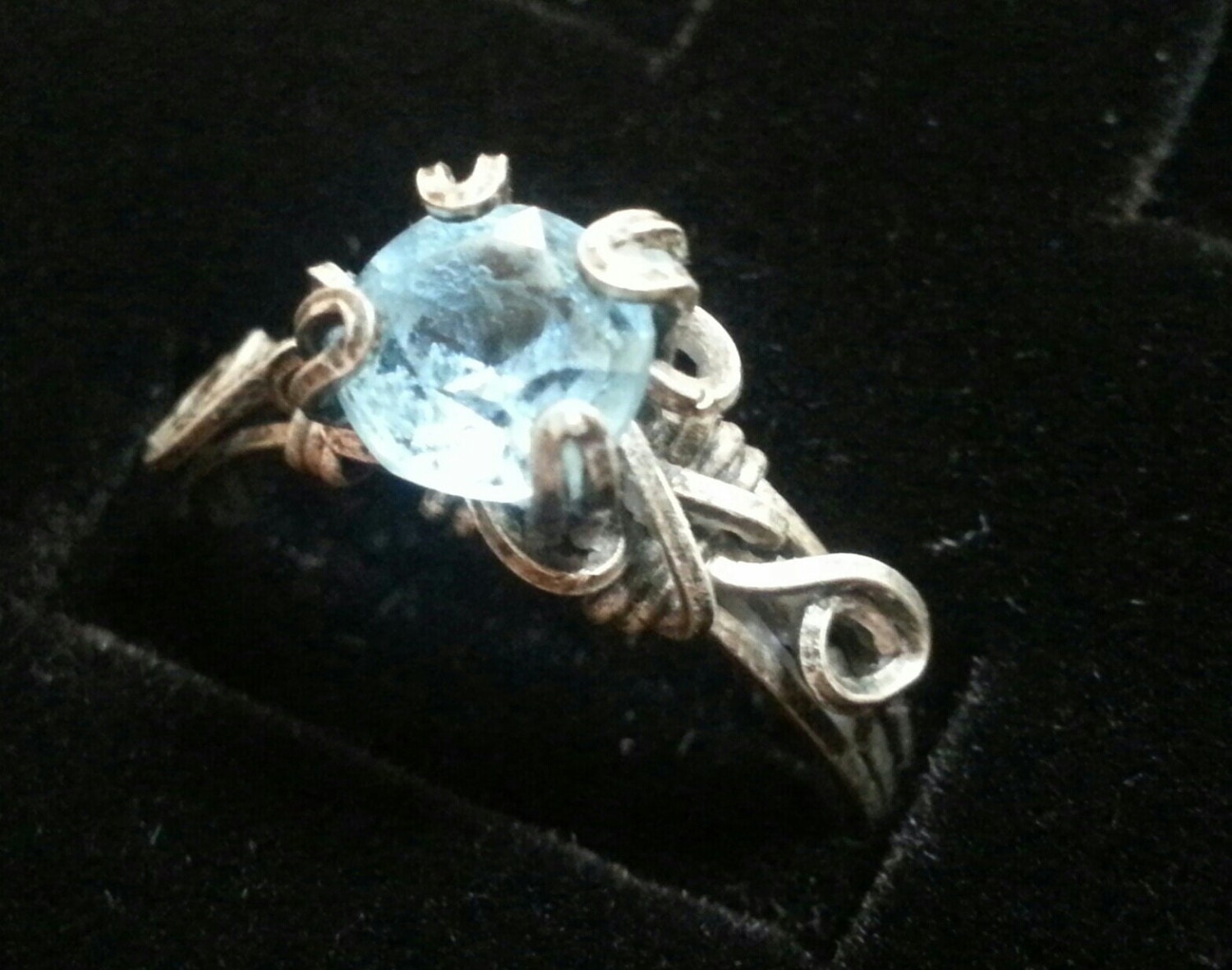 Antiqued Sterling Ring, Cubic Zirconia, CZ, Spring, Hand Made, Custom, Artwork, Wire Wrapped