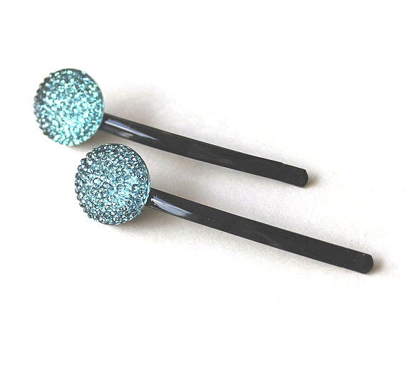Grey blue jewel round cabochon black enamel bobby pin