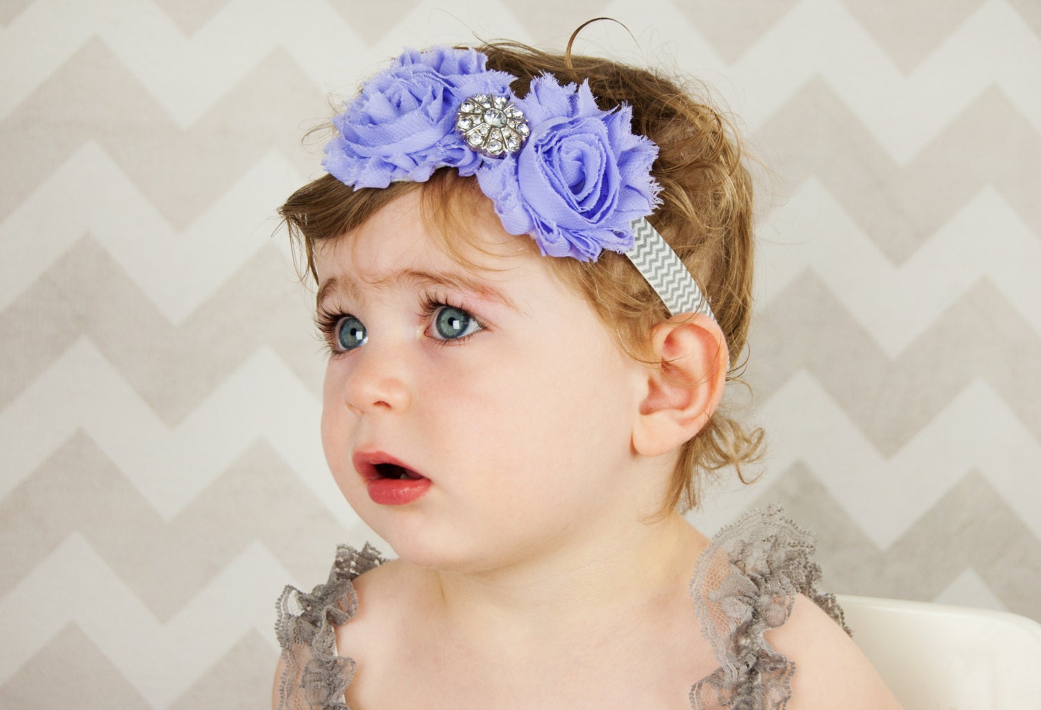 Purple Rhinestone Shabby Flower Elastic Chevron Headband