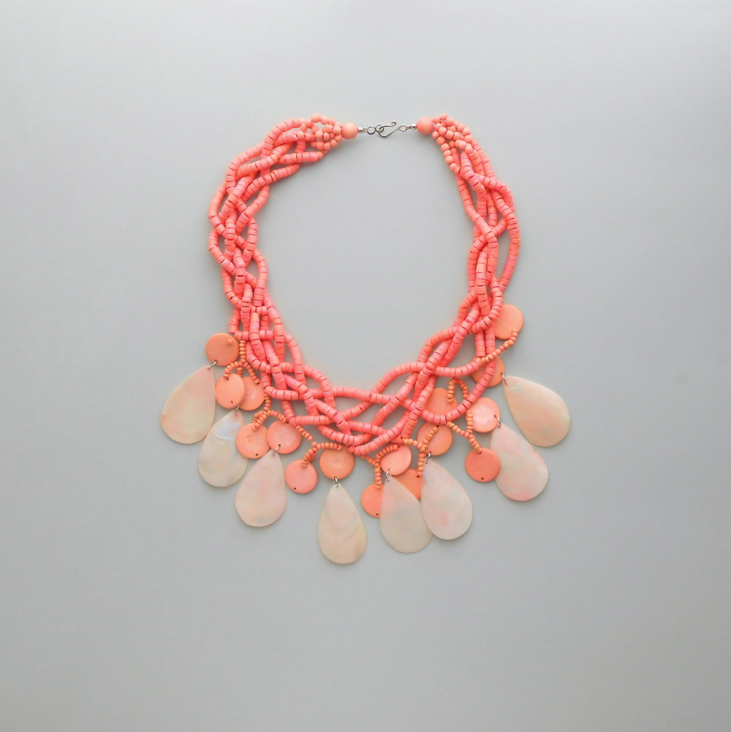 Neon Peach Wood Necklace with Mother of Pearl Drops. Bright 80s Statement Necklace.