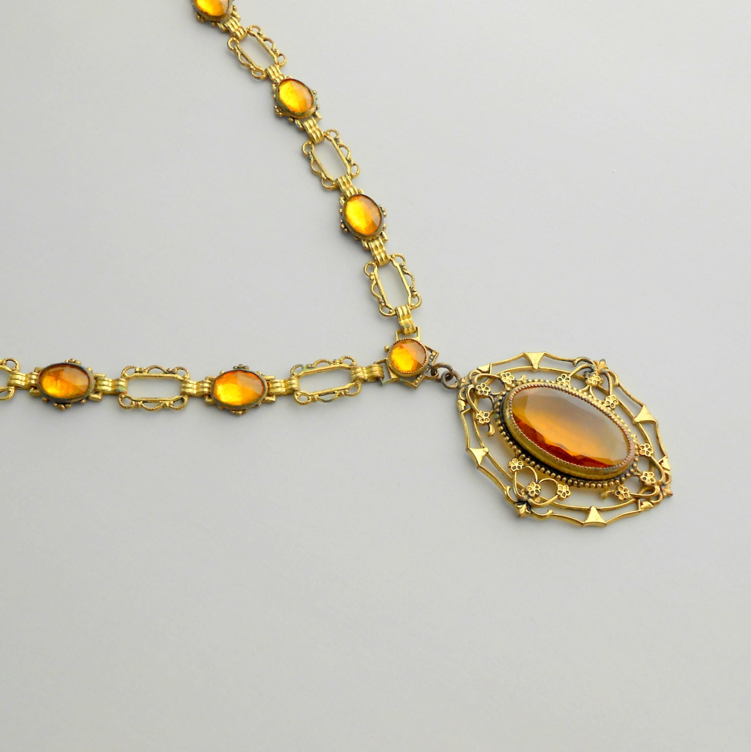 Art Deco Necklace. Mirrored Honey Amber Glass. Gilt Brass Vauxhall. Edwardian.
