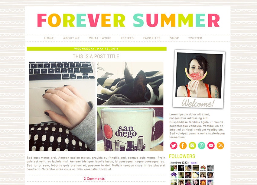 Blogger Premade Template: Forever Summer - polaroid, bright, teal, pink, green, lime, orange, theme, website, blog design