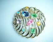 Vintage Kramer Multi Colored Rhinestone Open Work Domed Brooch Pin