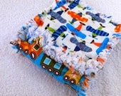 SALE Trains & Airplanes Rag Baby Blanket - Blue and Orange