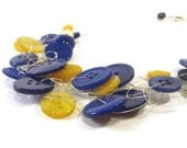Reserved - BLUE AND GOLD buttons on Silver Plated Wire - Handmade Crochet Wire Necklace